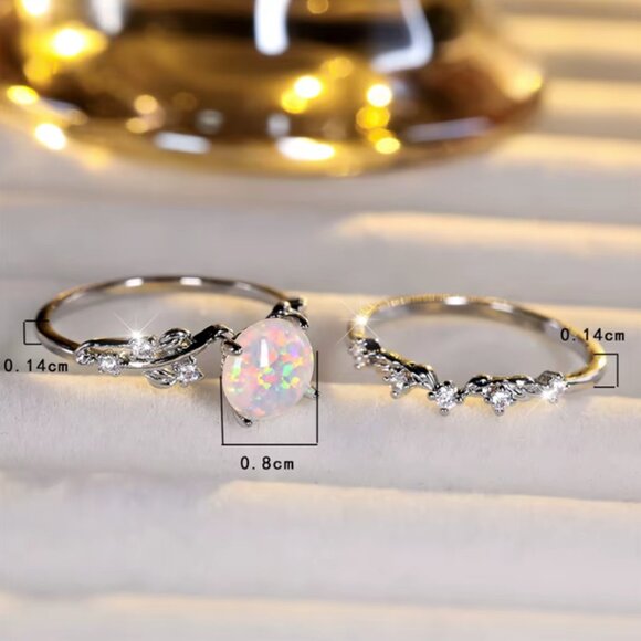 NEW 14k White Gold Opal Diamond Ring Band Set of 2 Rings - Picture 4 of 6